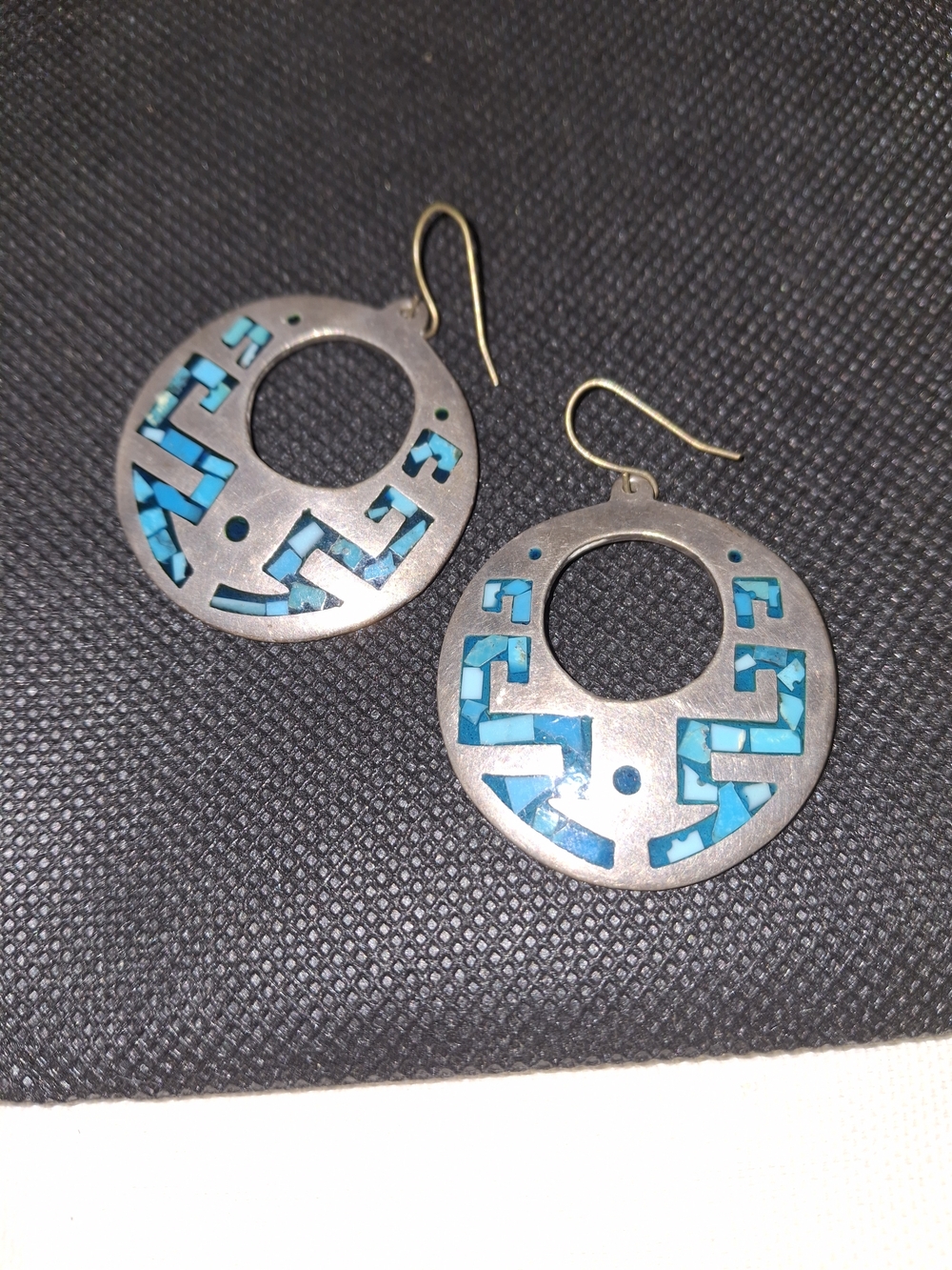 Turquoise Inlay Silver-Tone Round Drop Earrings